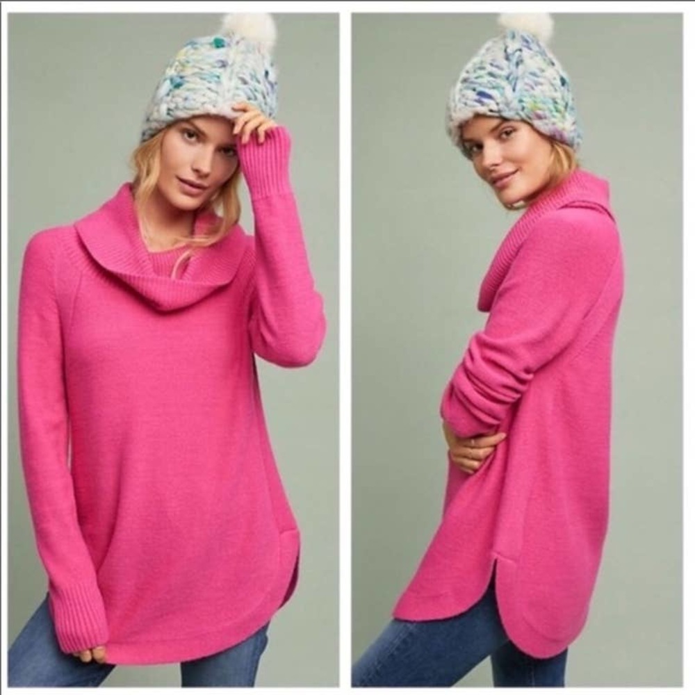 ANTHROPOLOGIE MOTH Brenda Cowl Neck Sweater Hot Pink Size M Loose Fit Pullover